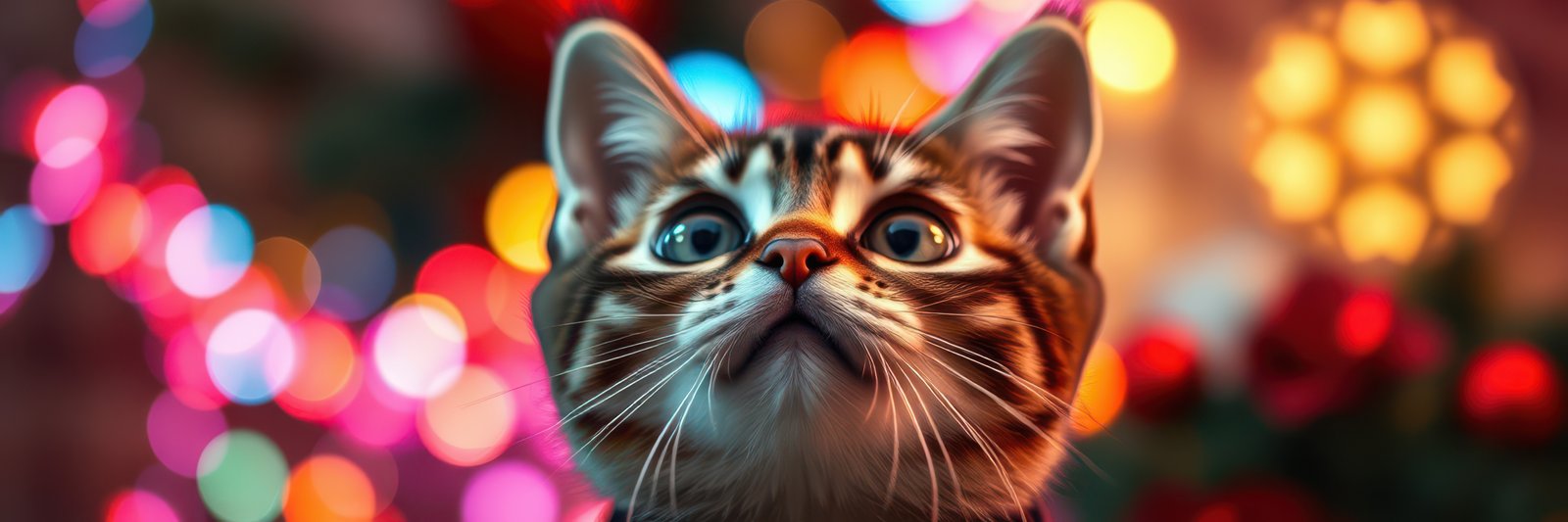 Cute tabby cat gazing upward amidst colorful holiday lights in a cozy indoor setting